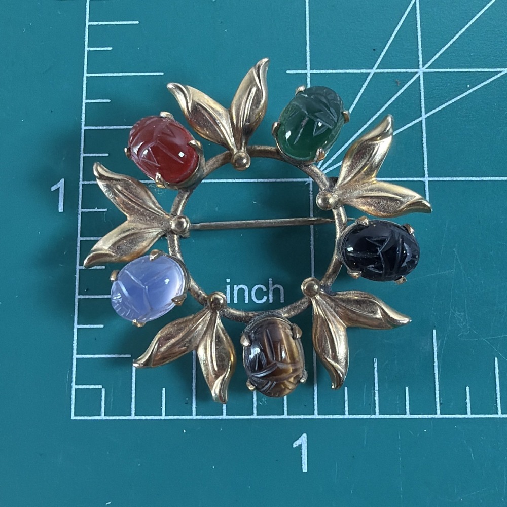 Vintage Egyptian Revival Scarab Real Stones 12k Gold Filled Wreath Brooch Pin